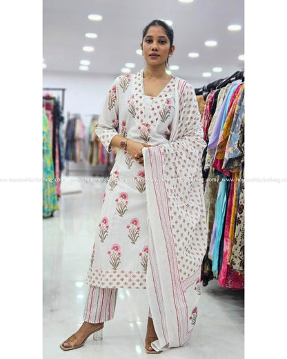 White Floral Block Printed Cotton Kurta Sets