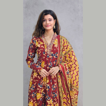 Red Floral Printed Kali Kurta Set