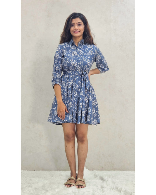 Blue Floral A-Line Cotton Mini Dress