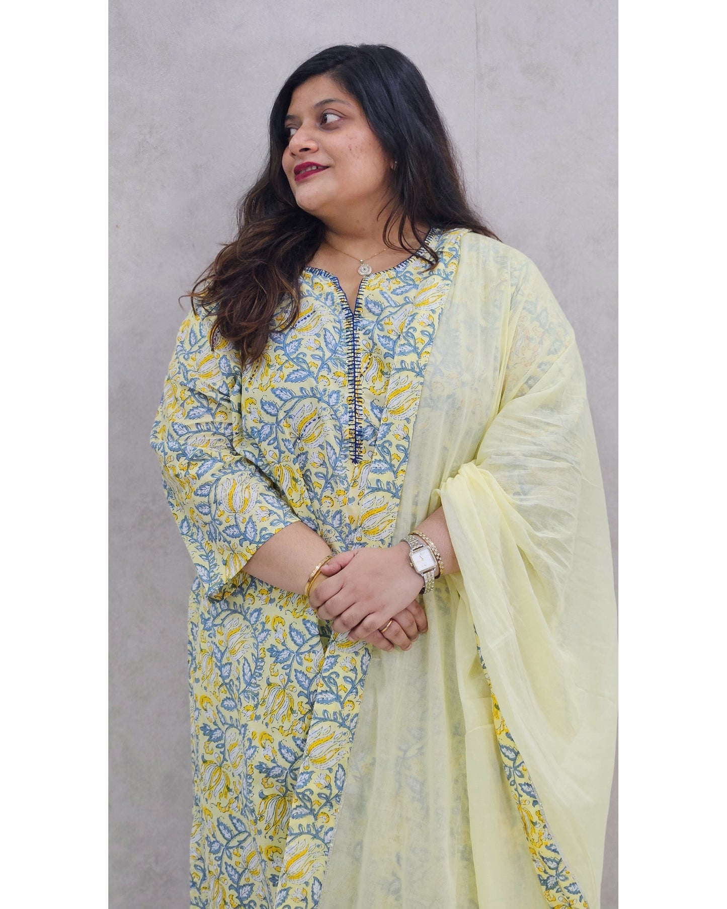 Pale Yellow Block Printed Kurta Set