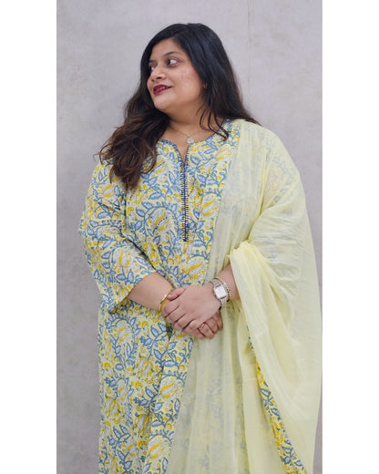 Pale Yellow Block Printed Kurta Set