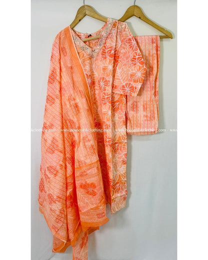 Peach Printed Cotton Kurta Set