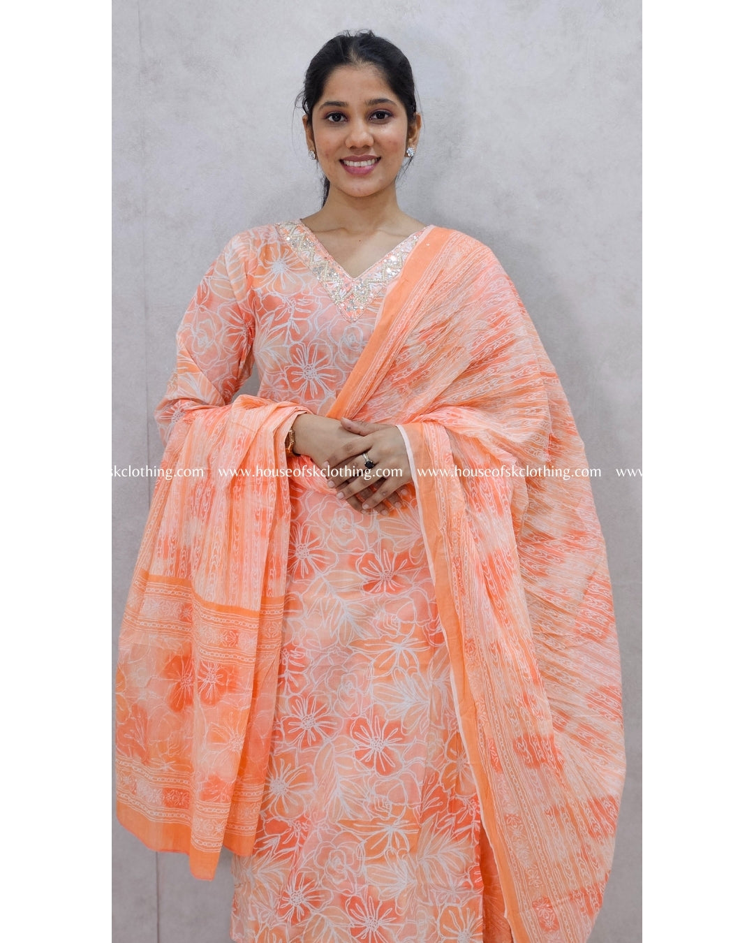 Peach Printed Cotton Kurta Set