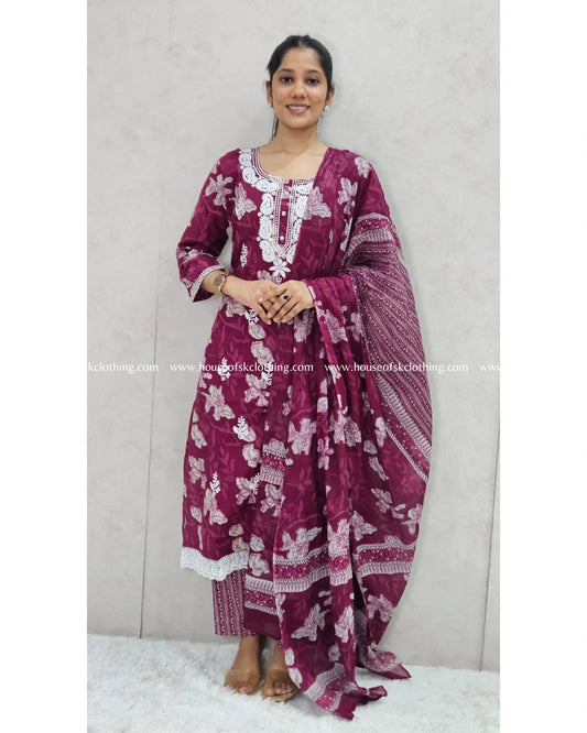 Wine Thread Embroidered Cotton Kurta Set