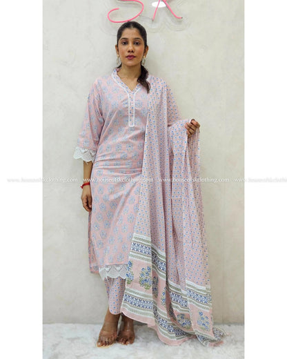 Pale Pink Floral Cotton Kurta Set