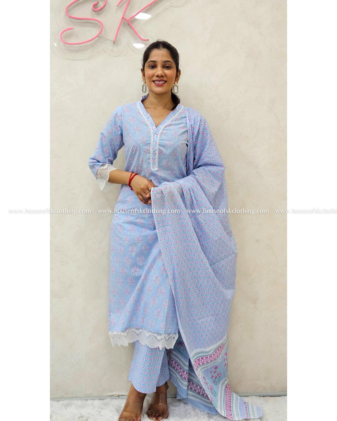 Powder Blue Floral Cotton Kurta Set