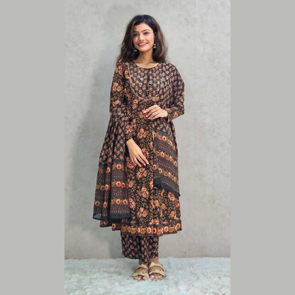 Brown Floral Printed Kali Kurta Set