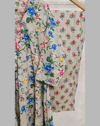 Ivory White Floral Printed Cotton Kurta Set