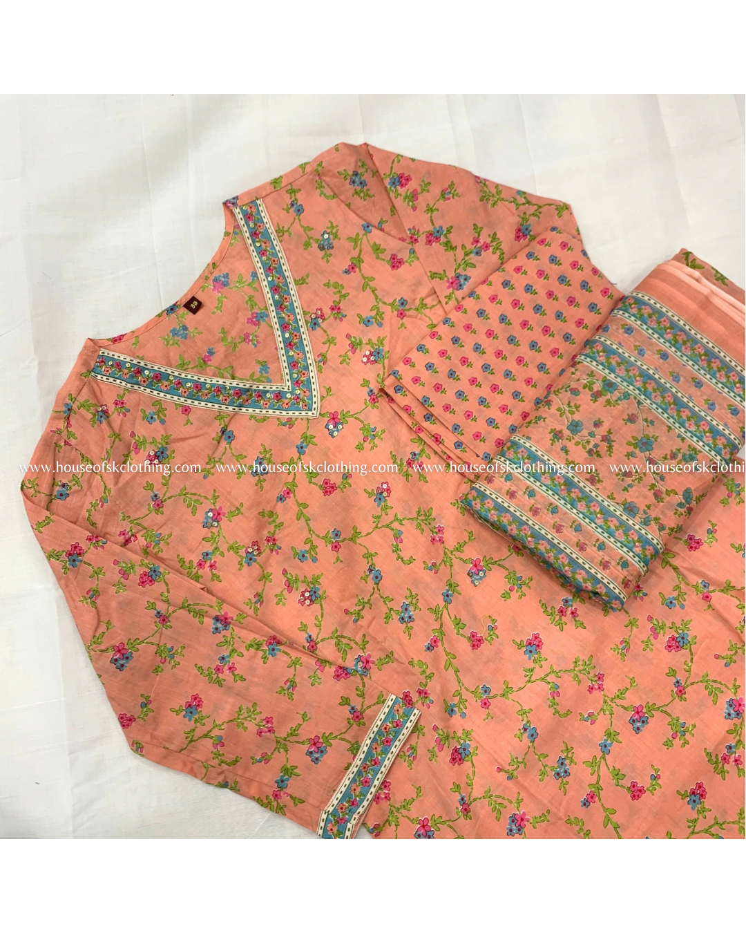 Peach Floral Cotton Printed Kurta Set