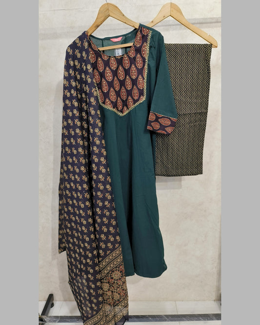 Dark Green Cotton Printed Kurti Set