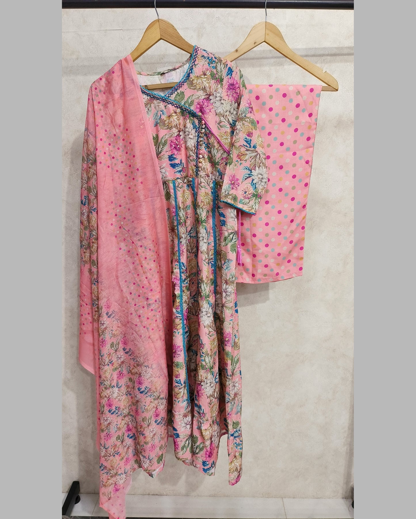 Pink Floral Printed Angarakha Kurta Set