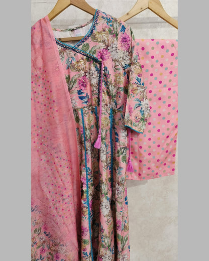 Pink Floral Printed Angarakha Kurta Set