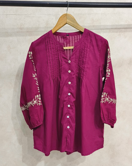 Fuchsia Purple Chinese Collar Cotton Tunic