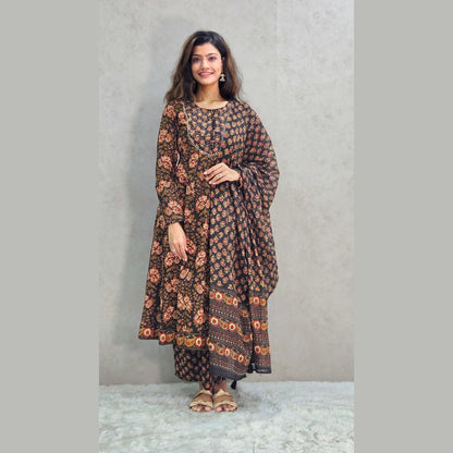 Brown Floral Printed Kali Kurta Set