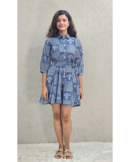 Blue A-Line Cotton Mini Dress