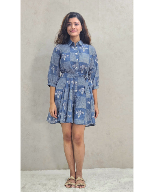 Blue A-Line Cotton Mini Dress