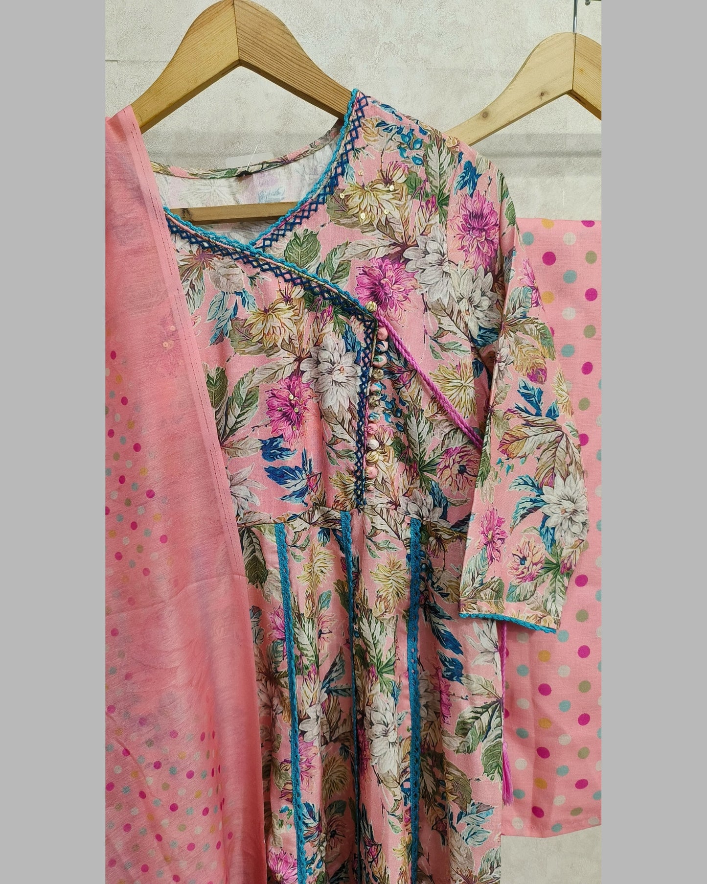 Pink Floral Printed Angarakha Kurta Set