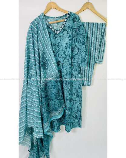 Teal Embroidered Cotton Kurta Set