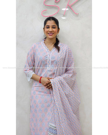 Pale Pink Floral Cotton Kurta Set