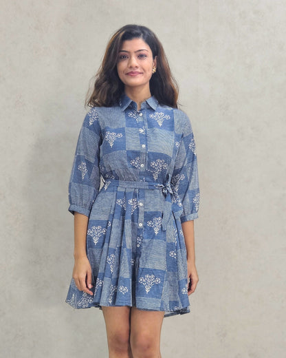 Blue A-Line Cotton Mini Dress