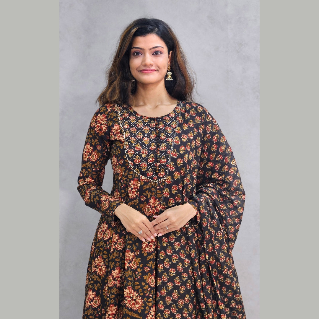 Brown Floral Printed Kali Kurta Set