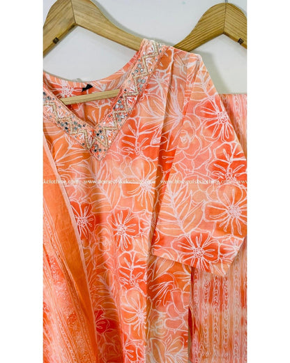 Peach Printed Cotton Kurta Set