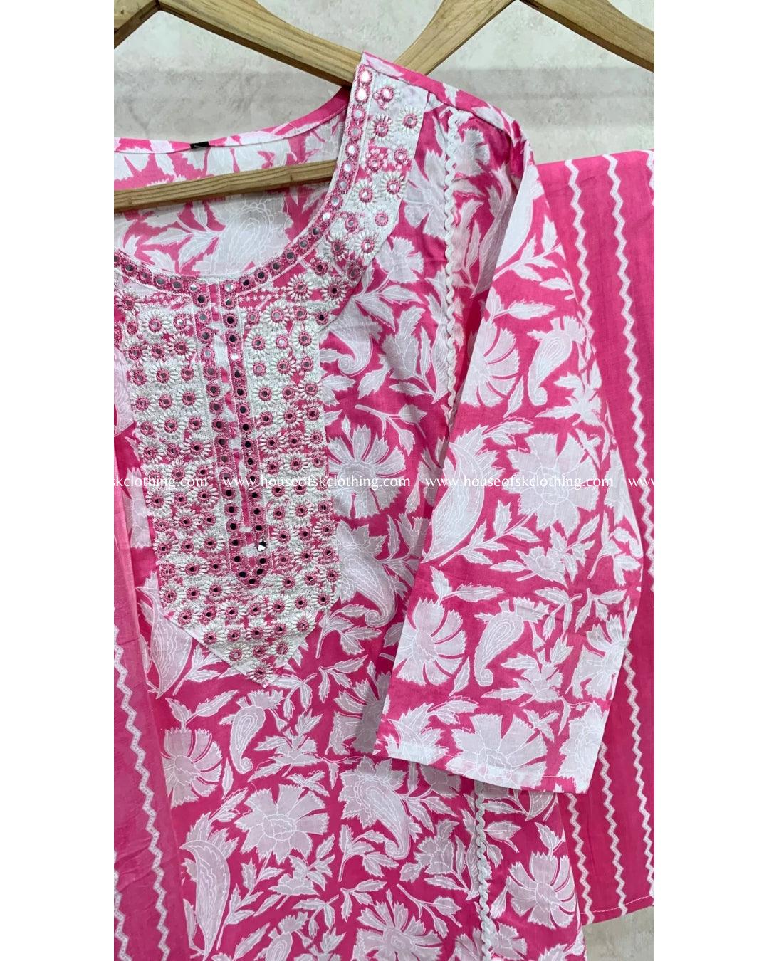 Pink White Cotton Kurta Set