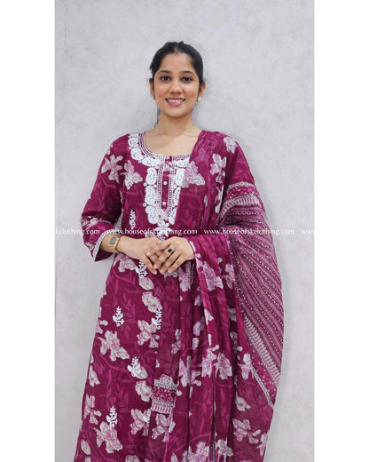 Wine Thread Embroidered Cotton Kurta Set