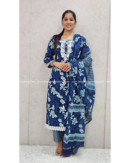 Indigo Blue Embroidered Cotton Kurta Set