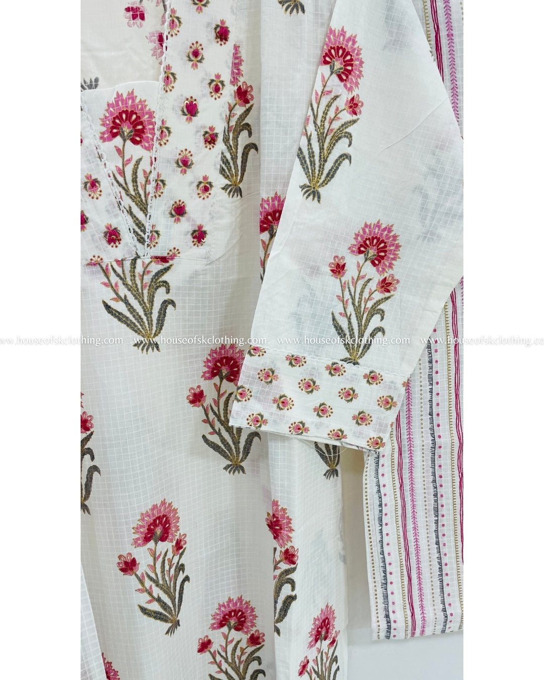 White Floral Block Printed Cotton Kurta Sets