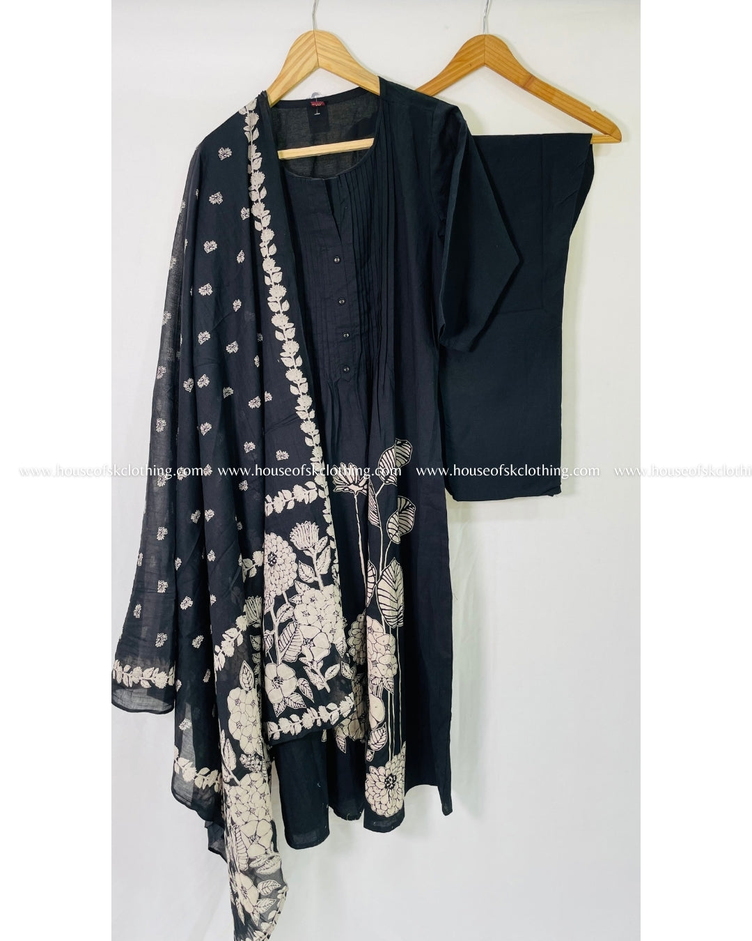 Black Solid Printed Cotton Kurta Set