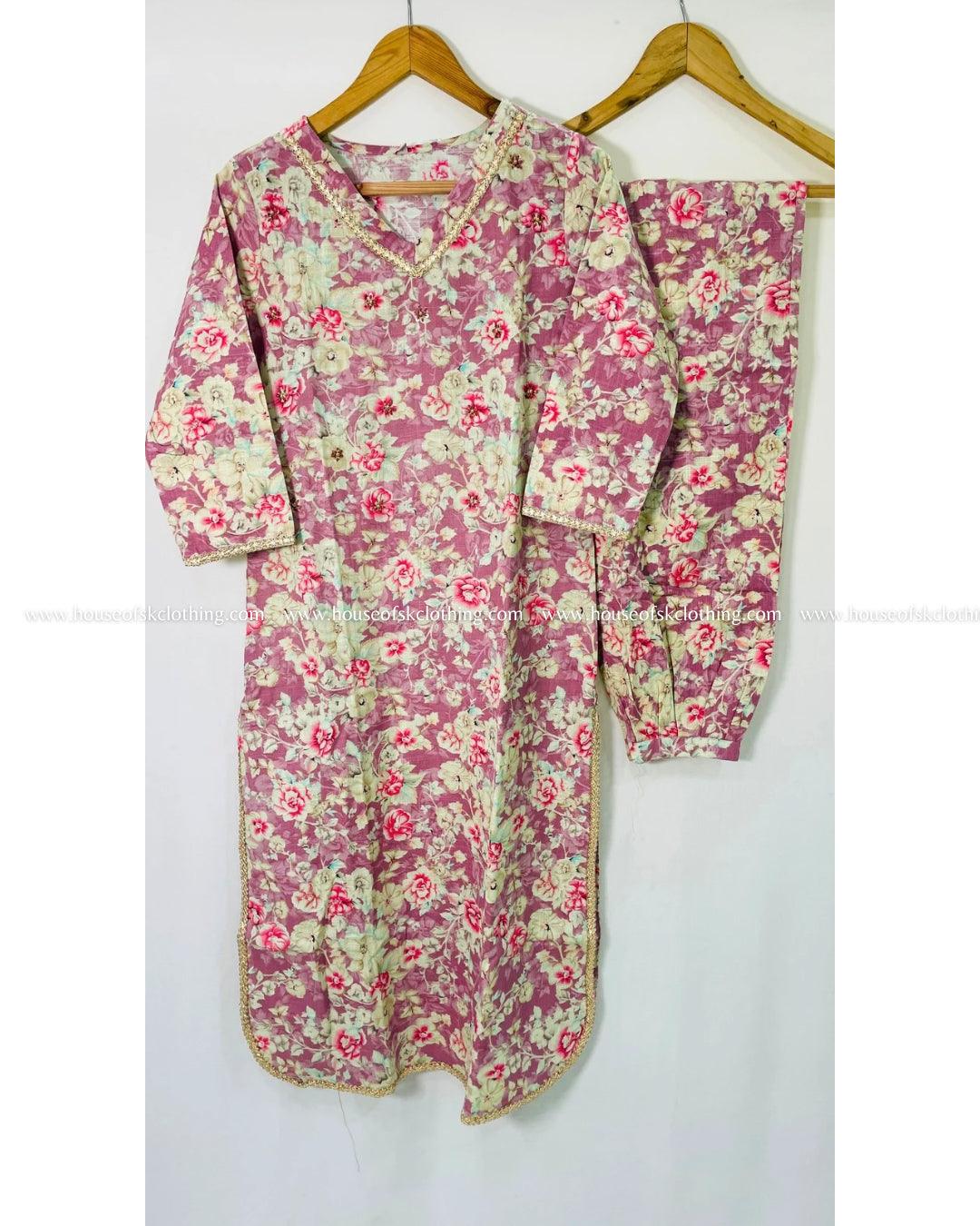 Lilac Floral Printed Kurta Set