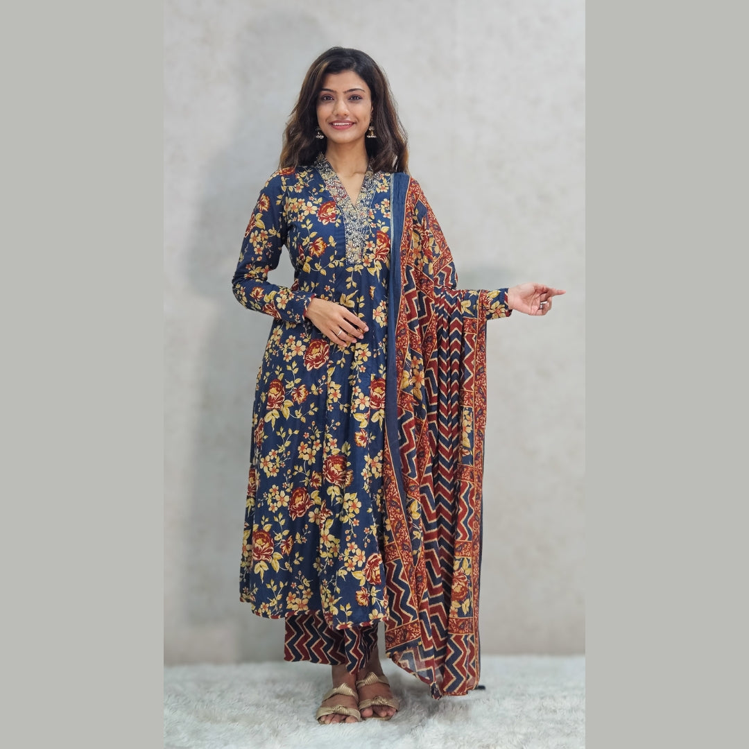 Blue Floral Printed Kali Kurta Set