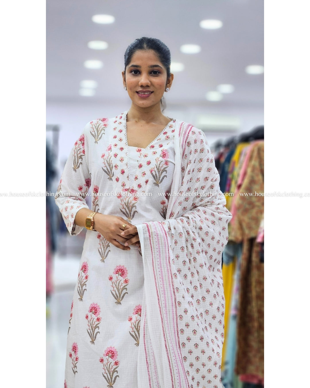 White Floral Block Printed Cotton Kurta Sets