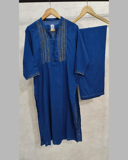 Royal Blue Cotton Printed Kurta Set