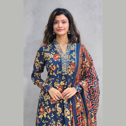 Blue Floral Printed Kali Kurta Set