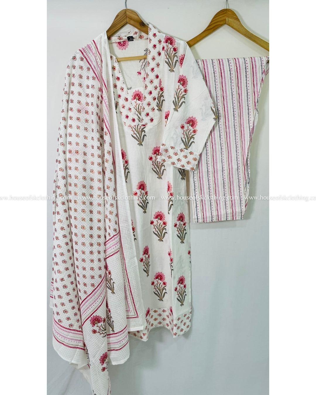 White Floral Block Printed Cotton Kurta Sets