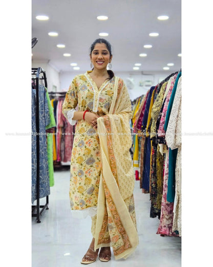 Yellow Floral Cotton Kurta Set