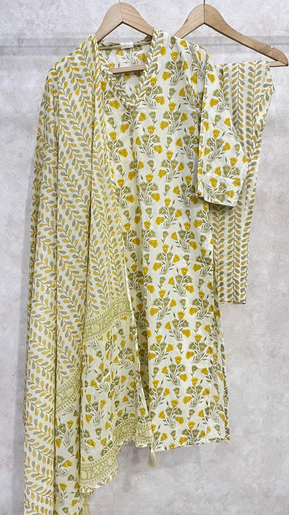 IVORY YELLOW FLORAL COTTON KURTA SET