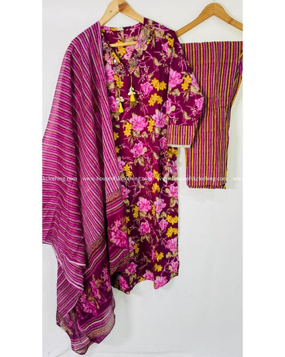 Magenta Floral Printed Cotton Kurta Set