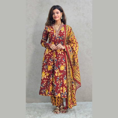 Red Floral Printed Kali Kurta Set