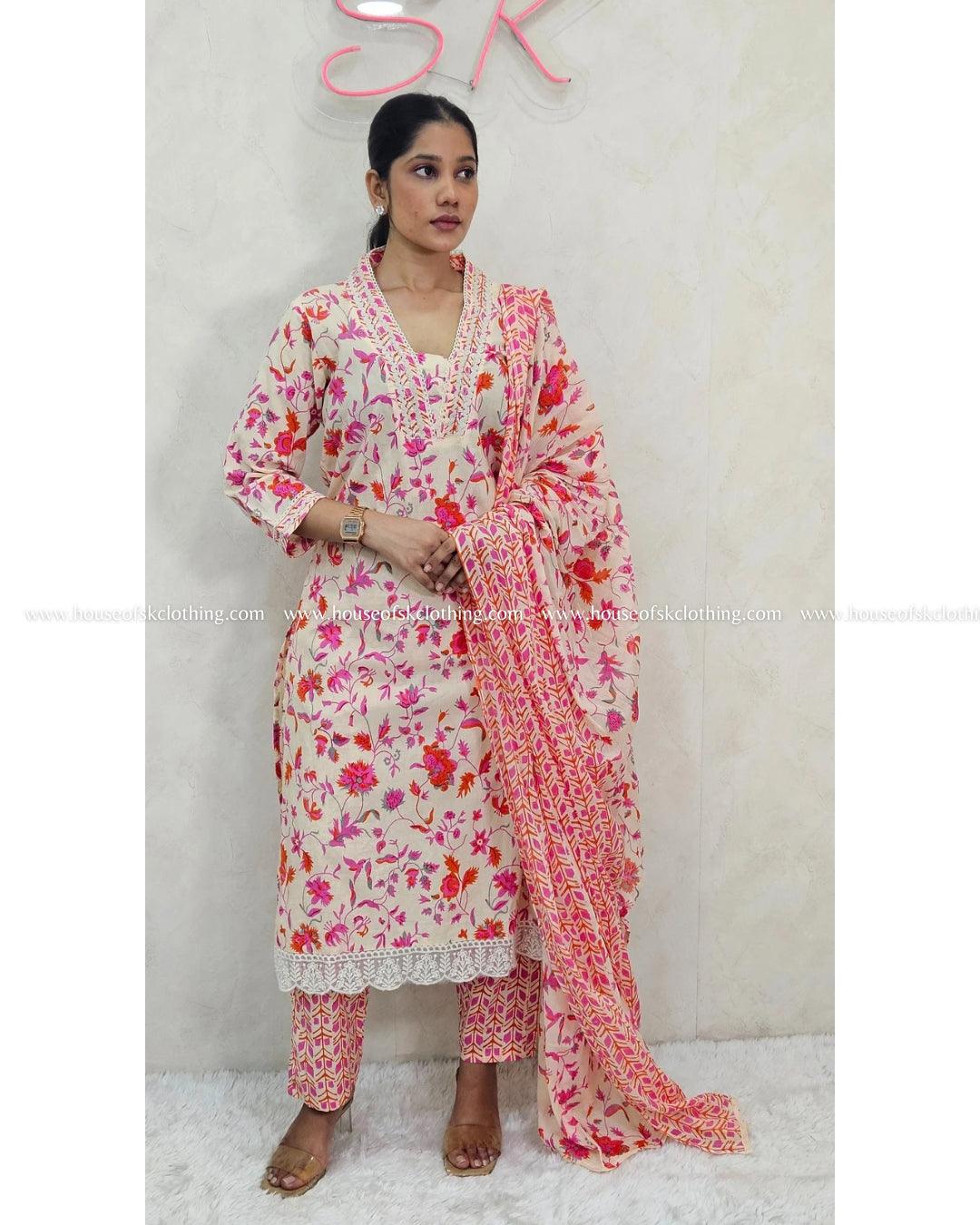 Ivory Rani Pink Hakoba Cotton Kurta Set