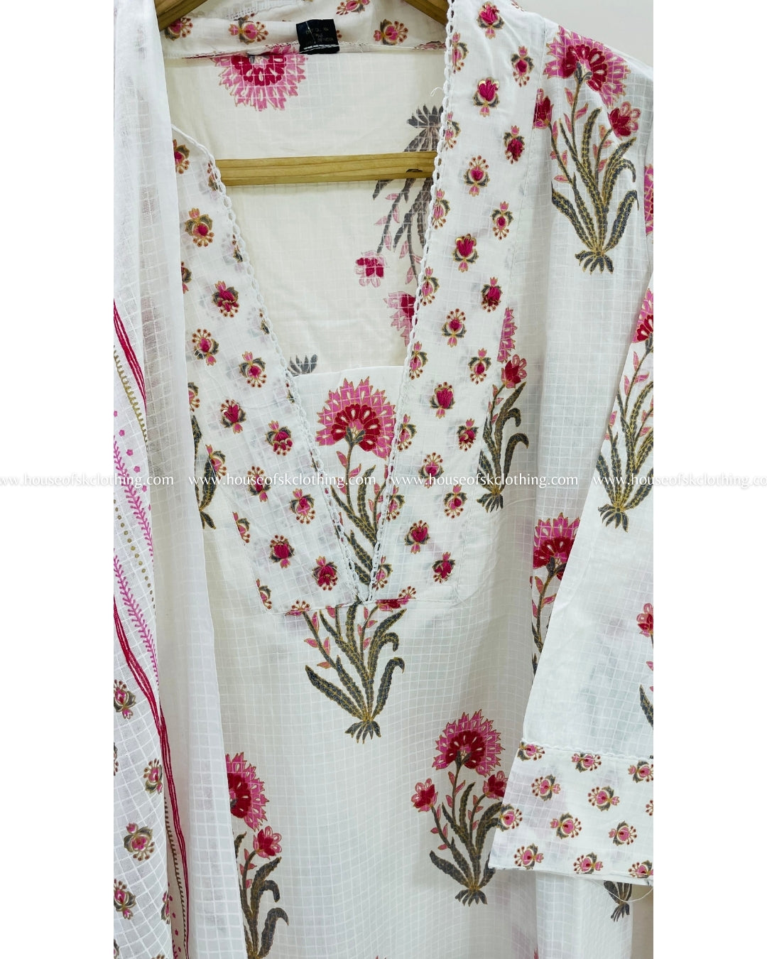 White Floral Block Printed Cotton Kurta Sets