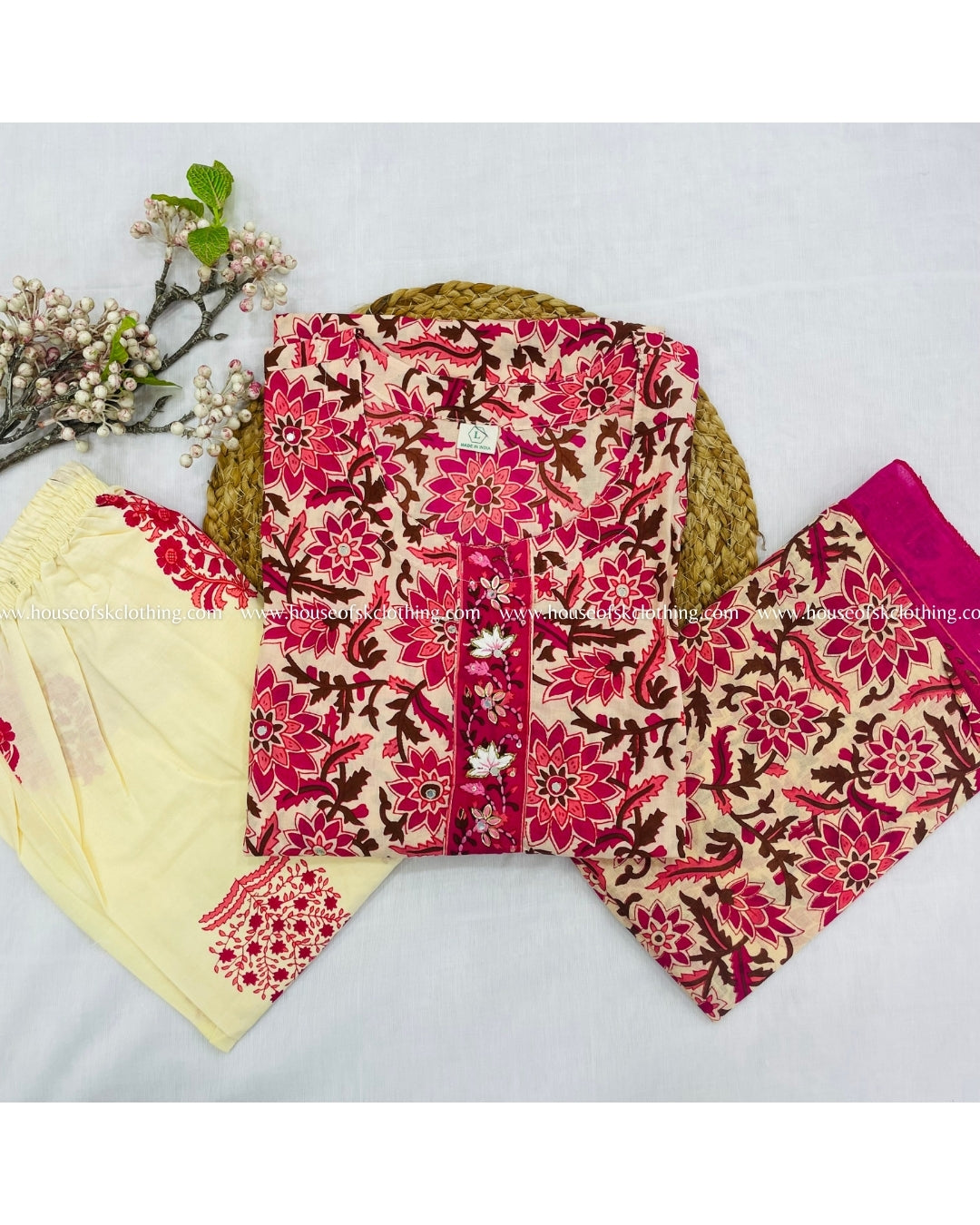 Ivory Pink Embroidered Cotton Kurta Set