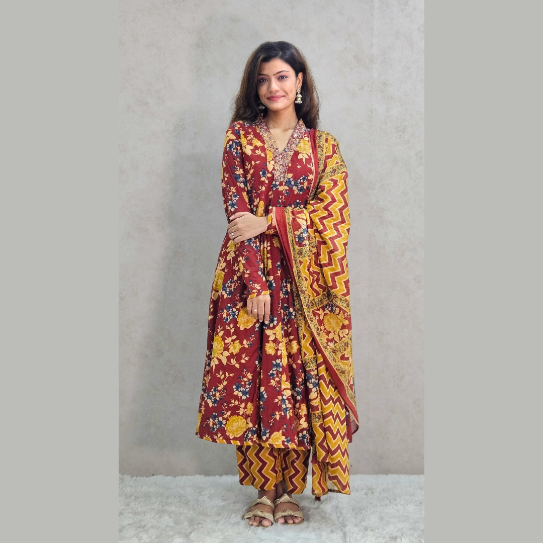 Red Floral Printed Kali Kurta Set