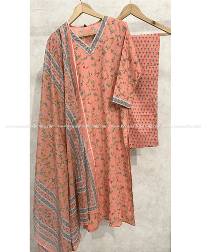 Peach Floral Cotton Printed Kurta Set