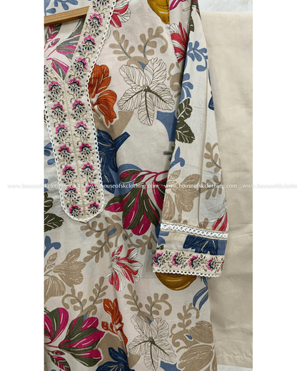 Ivory Floral Motif Cotton Kurta Set