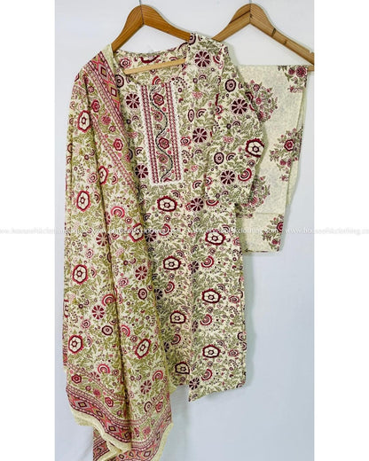 Ivory Maroon Printed Cotton Kurta Sets