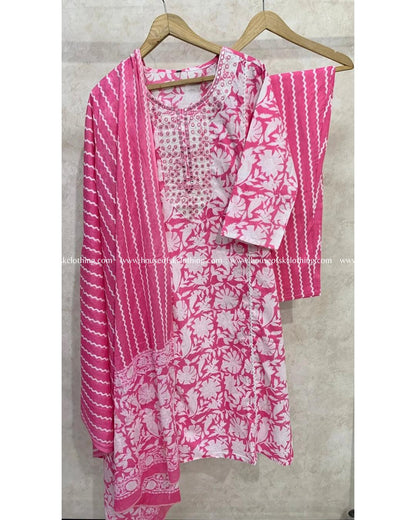 Pink White Cotton Kurta Set