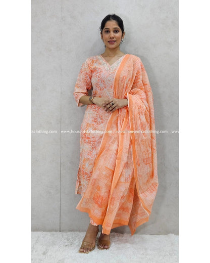 Peach Printed Cotton Kurta Set